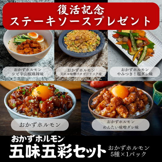 【大好評につき再販＋ステーキソースプレゼント‼】五味の彩（いろどり）咲き誇る。彩り豊かに織りなす五つの味。「おかずホルモン五味五彩セット」